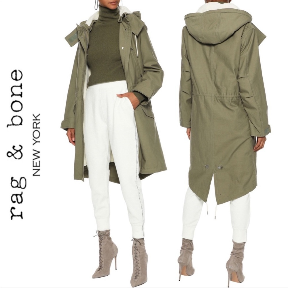 Donating march 1! Rag & Bone green sherpa lined parka, size M